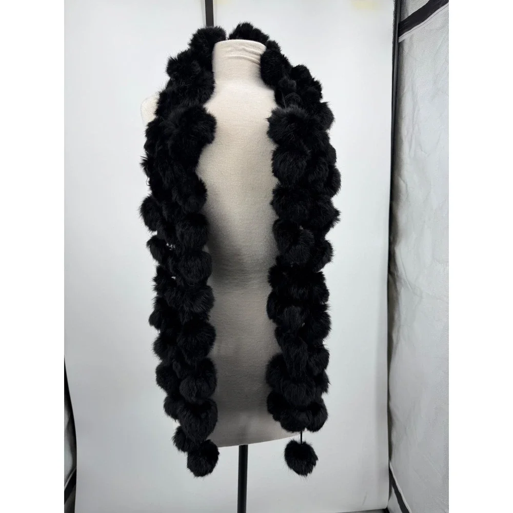 Unbranded Pom Pom Scarf Womens OS Black Genuine Rabbit Fur Tiered Long Scarf